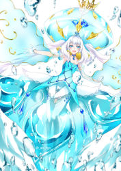 Rule 34 | 1girl, :d, alternate costume, blue dress, blue eyes, blue theme, blue thighhighs, choker, crown, detached sleeves, diamond (gemstone), dress, fate/grand order, fate (series), gem, gloves, long hair, looking at viewer, marie antoinette (fate), marie antoinette (fate/grand order), marie antoinette (swimsuit caster) (crystal dress) (fate), marie antoinette (swimsuit caster) (fate), open mouth, see-through, shino-o, simple background, smile, solo, thighhighs, twintails, twitter username, water, white background, white gloves, white hair