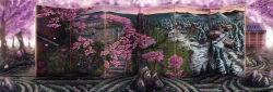 Rule 34 | absurdres, architecture, cherry blossoms, cloud, dusk, east asian architecture, forest, gap (touhou), gensokyo, hakugyokurou, highres, house, huge filesize, incredibly absurdres, mansion, mountain, nature, no humans, rock garden, ruins, saigyou ayakashi, scenery, sky, snow, stairs, touhou, tower, tree, village, wallpaper, zucreelo