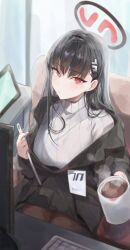 Rule 34 | 1girl, absurdres, black hair, black skirt, blanc (whit blanc), blue archive, blunt bangs, blush, breasts, coffee, coffee mug, cup, hair ornament, hairclip, halo, highres, jacket, large breasts, long hair, long sleeves, looking at viewer, mug, pantyhose, pleated skirt, red eyes, rio (blue archive), skirt, solo, sweater, turtleneck, turtleneck sweater, very long hair, white sweater