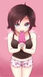 Rule 34 | 1girl, breasts, cslucaris, eating, food, grey eyes, holding, holding food, ice cream, large breasts, licking, looking at viewer, midriff, navel, pajamas, popsicle, ruby rose, rwby, sexually suggestive, solo, sweat, tongue, tongue out, tumblr username