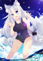 Rule 34 | 1girl, animal ear fluff, animal ears, aqua eyes, blue one-piece swimsuit, blue sky, blush, breasts, cloud, cloudy sky, collarbone, covered navel, double fox shadow puppet, fang, fox ears, fox girl, fox shadow puppet, fox tail, from below, hair over shoulder, hands up, japanese clothes, kitsune, large breasts, lens flare, long hair, looking at viewer, multiple tails, old school swimsuit, one-piece swimsuit, open mouth, original, outdoors, school swimsuit, skin fang, sky, solo, swimsuit, tail, torii (kedamatori), twintails, very long hair, wading, water, wet, white hair