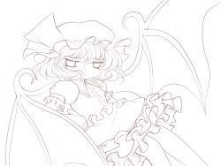 Rule 34 | 1girl, absurdres, bat wings, dress, female focus, grin, hat, highres, lineart, looking at viewer, monochrome, remilia scarlet, ribbon, sitting, smile, solo, touhou, transparent background, wings, yume shokunin