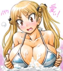 Rule 34 | 10s, 1girl, amania orz, bakuon!!, bell, bikini, blonde hair, grabbing another&#039;s breast, breasts, brown eyes, cleavage, female focus, grabbing, gradient background, hair bell, hair ornament, large breasts, long hair, open mouth, soap bubbles, solo, suzunoki rin, swimsuit, twintails, upper body