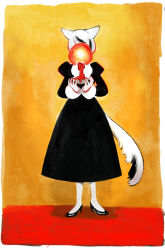 Rule 34 | 1girl, animal ears, black dress, black footwear, border, candle, candlestand, cat ears, cat girl, cat tail, commentary, covered face, dress, english commentary, fire, fire, hands up, high heels, highres, holding, holding candle, hwei, indoors, juliet sleeves, light, long dress, long sleeves, multicolored hair, original, puffy sleeves, pumps, rounded corners, shoes, short hair, sleeve cuffs, solo, standing, straight-on, streaked hair, tail, traditional media, white border, white hair, yellow background