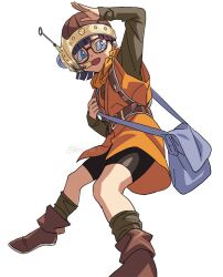 Rule 34 | 1girl, bag, bike shorts, black shorts, blue eyes, blunt bangs, blunt ends, boots, breasts, brown footwear, chrono trigger, foot out of frame, full body, glasses, grey shirt, grey socks, headset, helmet, hosodayo, long sleeves, looking to the side, lucca ashtear, neckerchief, open mouth, orange neckerchief, orange tunic, purple hair, shirt, short hair, shorts, shoulder bag, small breasts, smile, socks, solo, twitter username, waving, white background