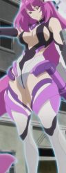 Rule 34 | armor, armored boots, boots, breasts, cleavage, glamorous heroes, hair ornament, hairclip, highres, instruction (glamorous heroes), large breasts, long hair, purple eyes, purple hair, screencap, stitched, tagme, thighhighs, third-party edit, very long hair