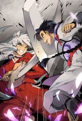 Rule 34 | 2boys, action, animal ears, bankotsu (inuyasha), battle, black hair, braid, clenched teeth, dog ears, fighting, gradient background, inuyasha, inuyasha (character), japanese clothes, jewelry, long hair, looking at another, male focus, multiple boys, mumu2126, necklace, pearl necklace, single braid, sword, teeth, weapon