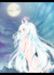 Rule 34 | 1girl, ass, back, bad id, bad pixiv id, dabadhi, female focus, full moon, highres, horns, kamishirasawa keine, letterboxed, long hair, moon, moonlight, nude, red eyes, silver hair, solo, tail, touhou