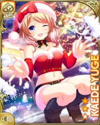Rule 34 | 1girl, black bow, blonde hair, blue eyes, boots, bow, card, character name, elbow gloves, girlfriend (kari), gloves, hat, kneeling, lights, midriff, navel, night, official art, one eye closed, open mouth, outdoors, qp:flapper, red bow, red gloves, red shirt, red shorts, santa boots, santa costume, santa hat, shirt, shorts, smile, solo, tagme, wink, yuge kaede