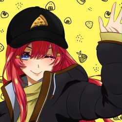 Rule 34 | 1girl, ;), absurdres, baseball cap, black coat, black hat, blue eyes, closed mouth, coat, floating hair, go-toubun no hanayome, hair ornament, hat, highres, long hair, long sleeves, makeup, mascara, nakano itsuki, one eye closed, open clothes, open coat, red hair, shippaidayo, sleeves past wrists, smile, solo, star (symbol), star hair ornament, sweater, upper body, yellow background, yellow sweater
