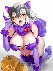 Rule 34 | 1girl, all fours, animal ears, blush, breasts, cosplay, elbow gloves, fate/grand order, fate (series), fingernails, fur trim, gloves, halloween costume, headpiece, highres, jack-o&#039;-lantern, jeanne d&#039;arc alter (avenger) (fate), jeanne d&#039;arc alter (fate), kojima saya, large breasts, looking at viewer, mash kyrielight, mash kyrielight (dangerous beast), mash kyrielight (dangerous beast) (cosplay), open mouth, pumpkin, purple gloves, purple tail, purple thighhighs, revealing clothes, sharp fingernails, short hair, simple background, solo, tail, tail raised, thighhighs, tongue, tongue out, white background, white hair, wolf ears, wolf tail, yellow eyes