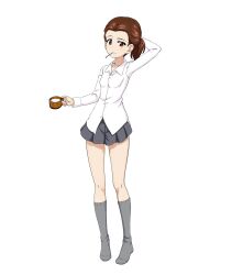 Rule 34 | 1girl, arm behind head, arm up, brown eyes, brown hair, collared shirt, cup, girls und panzer, grey skirt, grey socks, highres, holding, holding cup, key (gaigaigai123), looking at viewer, pleated skirt, shirt, short hair, skirt, socks, solo, tami (girls und panzer), white skirt
