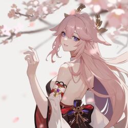 Rule 34 | 1girl, animal ears, back, backless outfit, bare shoulders, cherry blossoms, commentary request, detached sleeves, doris (1349745448), floppy ears, fox ears, from behind, genshin impact, grin, hand up, highres, long hair, looking at viewer, looking back, pink hair, purple eyes, ribbon-trimmed sleeves, ribbon trim, smile, solo, upper body, white sleeves, wide sleeves, yae miko