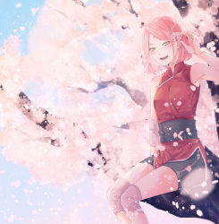 Rule 34 | 1girl, :d, absurdres, bare arms, bike shorts, black shorts, blush, cherry blossoms, flower, green eyes, hair flower, hair ornament, haruno sakura, highres, in tree, jacket, looking at viewer, naruto (series), naruto shippuuden, open mouth, parted bangs, pink flower, pink hair, red jacket, short hair, short shorts, shorts, sitting, sitting in tree, sleeveless, sleeveless jacket, smile, solo, spring (season), suzu (tg 390), tree