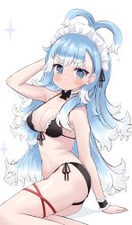 Rule 34 | 1girl, absurdres, arm support, arm up, arms behind head, bikini, black bikini, blue eyes, blue hair, blush, breasts, closed mouth, cocozasa, from side, front-tie bikini top, front-tie top, highres, hololive, hololive indonesia, kobo kanaeru, long hair, looking at viewer, maid headdress, medium breasts, multicolored hair, side-tie bikini bottom, simple background, sitting, solo, sparkle, streaked hair, string bikini, swimsuit, very long hair, virtual youtuber, white background, white hair, wrist cuffs