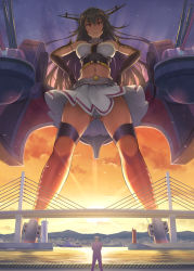 Rule 34 | &gt;:(, 10s, 1boy, 1girl, admiral (kancolle), antennae, black hair, bridge, brown eyes, cannon, cloud, crop top, frown, gauntlets, giant, giantess, hands on own hips, harbor, headgear, highres, kantai collection, kuro oolong, long hair, looking at viewer, machinery, midriff, military, military uniform, nagato (kancolle), navel, panties, pantyshot, sky, standing, sunset, thigh strap, thighhighs, underwear, uniform, upskirt, v-shaped eyebrows, very long hair, white panties
