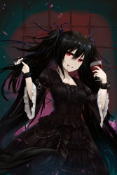 Rule 34 | 1girl, black dress, black hair, blue ribbon, blush, breasts, collarbone, cup, dress, drinking glass, hair between eyes, hair ribbon, hand in own hair, head tilt, highres, holding, holding cup, holding drinking glass, long hair, original, parted lips, poet, red eyes, ribbon, smile, solo, twintails, very long hair, wide sleeves, wine glass, wristband