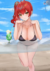 Rule 34 | 1girl, azur lane, bare legs, bare shoulders, beach, bikini, black bikini, blue sky, blush, breasts, cherry, cleavage, closed mouth, cloud, collarbone, commentary request, cup, day, drinking glass, drinking straw, food, foot out of frame, fruit, glass table, hair between eyes, halterneck, highres, index fingers together, large breasts, lim (ramu), long hair, looking at viewer, multi-strapped bikini, o-ring, o-ring bikini, ocean, official alternate costume, outdoors, red hair, side ponytail, skindentation, sky, smile, solo, standing, standing on one leg, swimsuit, table, water, wet, wind chime, yellow eyes, zara (azur lane), zara (poolside coincidence) (azur lane)
