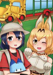 Rule 34 | 10s, 2girls, absurdres, animal ears, backpack, bag, black eyes, black hair, blonde hair, blush, bow, bowtie, breasts, bucket hat, elbow gloves, eyebrows, feathers, flat chest, gloves, hat, highres, jacy, japari bus, kaban (kemono friends), kemono friends, looking at viewer, lucky beast (kemono friends), medium breasts, multicolored bow, multicolored bowtie, multiple girls, one eye closed, open mouth, orange bow, orange bowtie, red shirt, serval (kemono friends), shirt, short hair, smile, white bow, white bowtie, white gloves, yellow eyes