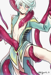 Rule 34 | 10s, 1boy, ^^^, blush, bottomless, dash10, green hair, leg lift, male focus, mikleo (tales), purple eyes, restrained, simple background, slime, slimy, tales of (series), tales of zestiria, tentacles, tentacles on male, twitter username, white background, wince