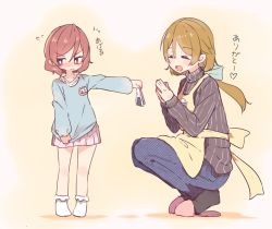 Rule 34 | 10s, 2girls, age difference, alternate hair length, alternate hairstyle, apron, blush, bow, brown hair, commentary, denim, closed eyes, flying sweatdrops, food, hair bow, jeans, kindergarten teacher, kindergarten uniform, koizumi hanayo, long sleeves, love live!, love live! school idol project, low ponytail, multiple girls, name tag, nishikino maki, aged up, onigiri, origami, own hands together, pants, popii (yuuta679), purple eyes, red hair, ribbed sweater, shirt tug, slippers, socks, squatting, sweater, time paradox, translated, aged down
