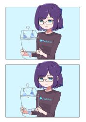 Rule 34 | 1girl, 2koma, a-chan (1st costume) (hololive), a-chan (hololive), bikini, black-framed eyewear, black shirt, blue bikini, blue hair, border, bow, clothes hanger, comic, commentary, disgust, english commentary, feeq, glasses, hair bow, holding clothes hanger, hololive, jitome, logo, long sleeves, looking at viewer, outside border, parted lips, purple hair, shirt, short hair, solo, striped bikini, striped clothes, swimsuit, unworn bikini, unworn swimsuit, upper body, virtual youtuber, white border