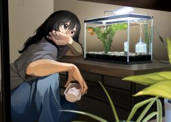 Rule 34 | 1girl, black hair, blue nails, blue pants, blurry, blurry foreground, cable, covered mouth, covering own mouth, fish, fish tank, goldfish, grey shirt, hand up, highres, holding, indoors, lamp, long hair, looking at animal, mmmo3, nail polish, original, pants, plant, potted plant, shirt, short sleeves, sitting, solo