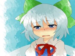 Rule 34 | 1girl, bad id, bad pixiv id, blue background, cirno, close-up, female focus, gradient background, hammer (sunset beach), solo, tears, touhou, wings