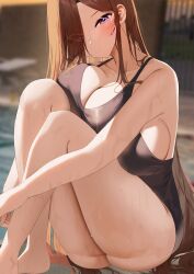 Rule 34 | 1girl, :o, absurdres, ass, barefoot, black one-piece swimsuit, blurry, blurry background, blush, breasts, brown hair, cleavage, collarbone, glasses, hair over one eye, head tilt, highres, huge breasts, knees up, legs, long hair, looking at viewer, nicorima, one-piece swimsuit, original, purple eyes, sitting, skindentation, solo, straight hair, swimsuit, thick thighs, thighs, very long hair