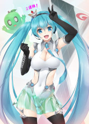 Rule 34 | 1girl, alternate breast size, aqua eyes, aqua hair, arm up, black thighhighs, breasts, cleavage, covered navel, cowboy shot, elbow gloves, gloves, goodsmile company, goodsmile racing, hatsune miku, headset, highres, large breasts, leotard, long hair, necktie, open mouth, race queen, racing miku, racing miku (2013), see-through, skirt, solo, thighhighs, twintails, v, very long hair, vocaloid, wacchi, yamaha