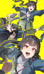 1boy 1girl absurdres arknights arknights:_endfield chen_qianyu_(arknights) cum cum_on_body dragon_horns facial gloves highres horns jacket liang_chan_xing_make_tu looking_at_viewer open_clothes open_jacket red_eyes smile time_paradox yellow_background