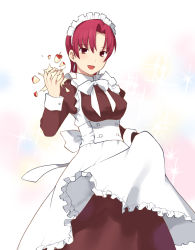 Rule 34 | 1girl, :d, alternate costume, apple, apron, apron lift, bazett fraga mcremitz, breasts, clothes lift, crushing, earrings, enmaided, fate/hollow ataraxia, fate/stay night, fate (series), food, fruit, jewelry, maid, maid apron, maid headdress, medium breasts, mole, mole under eye, open mouth, red eyes, short hair, smile, solo, sparkle, takenashi eri, type-moon