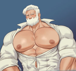 Rule 34 | 1boy, abs, absurdres, bara, beard, blush, bursting pectorals, chest tattoo, creatures (company), drayden (pokemon), facial hair, game freak, gym leader, highres, k sen212, large pectorals, looking at viewer, male focus, manly, muscular, nintendo, nipples, open clothes, open shirt, pectorals, pokemon, pokemon bw, shirt, short hair, sleeves rolled up, solo, tattoo, upper body, wardrobe malfunction, white shirt, yellow eyes