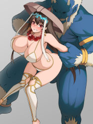 Rule 34 | 1boy, 1girl, armlet, ass, bare shoulders, bead necklace, beads, bent over, bikini, blue skin, bracelet, breasts, brown hair, cleavage, clenched teeth, colored skin, earrings, fangs, fate/grand order, fate (series), hair between eyes, headpiece, hetero, highres, hoop earrings, horns, ichimegasa, jewelry, jonylaser, large breasts, long hair, looking at viewer, necklace, oni, oni horns, prayer beads, red eyes, sex, size difference, swimsuit, teeth, thighhighs, white bikini, white thighhighs, xuangzang sanzang (fate)