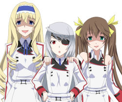 Rule 34 | 10s, 3girls, bare shoulders, blonde hair, blue eyes, brown hair, cecilia alcott, drill hair, eyepatch, green eyes, hair ribbon, hairband, hands on own hips, huang lingyin, infinite stratos, laura bodewig, long hair, multiple girls, open mouth, red eyes, ribbon, silver hair, twintails, uniform, yandere, yoshida keiji