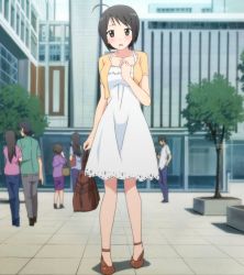 Rule 34 | 10s, 1girl, ahoge, bag, black eyes, black hair, blush, casual, highres, no eyewear, people, screencap, servant x service, shoes, short hair, stitched, third-party edit, yamagami lucy