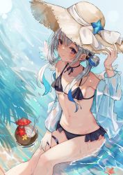 Rule 34 | 1girl, amane kanata, beach, bikini, black bikini, blue hair, bracelet, breasts, coconut, colored inner hair, drinking straw, frilled bikini, frills, grey hair, hair rings, hat, highres, hololive, jacket, jacket partially removed, jewelry, long hair, miakiuehashi, midriff, multicolored hair, navel, purple eyes, sitting, small breasts, solo, starfish, straw hat, swimsuit, thigh strap, twintails, virtual youtuber, water