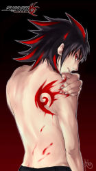 Rule 34 | 1boy, bad id, bad pixiv id, blood, eyeliner, flipped hair, from behind, looking back, makeup, male focus, multicolored hair, personification, profile, red eyes, shadow the hedgehog, shadow the hedgehog (game), topless male, signature, solo, sonic (series), two-tone hair, yu da-young