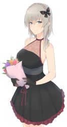 Rule 34 | 10s, 14sai bishoujo (shoutarou), 1girl, alternate hairstyle, black dress, black gloves, blue eyes, blush, bouquet, braid, butterfly hair ornament, closed mouth, commentary request, cowboy shot, crown braid, dress, flower, formal, frilled dress, frills, girls und panzer, gloves, hair ornament, halterneck, holding, holding bouquet, itsumi erika, light blush, light smile, long hair, looking at viewer, medium dress, silver hair, simple background, solo, standing, white background