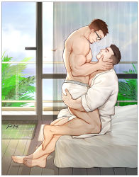 Rule 34 | 2boys, absurdres, ass grab, balcony, bara, bare pectorals, black hair, blue-framed eyewear, boxers, brown hair, couple, eye contact, facial hair, full body, hands on another&#039;s face, head tilt, highres, large pectorals, looking at another, male focus, male underwear, multiple boys, muscular, muscular male, naked robe, nipples, on bed, original, pectorals, peterhl, robe, short hair, stubble, thick thighs, thighs, undercut, underwear, underwear only, white male underwear, wooden floor, yaoi
