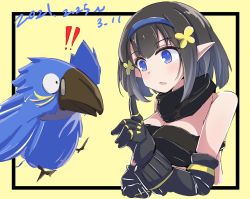 Rule 34 | 1girl, arknights, bandeau, bare shoulders, bird, black gloves, black hair, black scarf, blue eyes, blue hairband, blush, commentary request, dated, eunectes (arknights), gloves, hairband, hand up, high priest (arknights), highres, index finger raised, motsupu, parted lips, scarf, short hair, strapless, tube top, upper body, yellow background