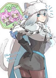 Rule 34 | 3girls, animal ears, blue eyes, cape, chibi, dated, dobrynya nikitich (fate), dress, fate/grand order, fate (series), fox ears, from behind, fur-trimmed cape, fur-trimmed headwear, fur trim, gauntlets, grey dress, hands on own hips, hat, koyanskaya (assassin) (first ascension) (fate), koyanskaya (foreigner) (first ascension) (fate), long hair, looking at another, multiple girls, pantyhose, pink hair, smile, tail, tekuteku aruko, white hair, yellow eyes