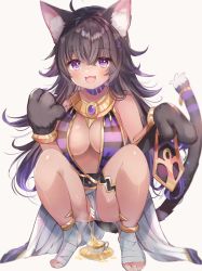 Rule 34 | 1girl, :3, :d, absurdres, ahoge, animal ear fluff, animal ears, animal hands, bad id, bad pixiv id, bandaged foot, bandages, bar censor, bare shoulders, bastet (monster strike), black gloves, black hair, blush, breasts, cat ears, cat girl, cat tail, censored, cleavage, cup, dark-skinned female, dark skin, fang, gloves, grey background, hair between eyes, highres, knees up, large breasts, long hair, looking at viewer, monster strike, open mouth, paw gloves, pee, peeing, peeing in cup, purple eyes, rucaco, saucer, simple background, smile, solo, squatting, tail, tiptoes, very long hair