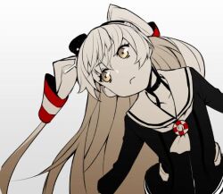 Rule 34 | 1girl, :&lt;, amatsukaze (kancolle), black dress, choker, closed mouth, dress, gradient background, grey background, grey hair, hair tubes, kantai collection, long hair, neckerchief, sailor collar, sailor dress, simple background, solo, tkhs, two side up, very long hair, white background, white sailor collar, yellow eyes