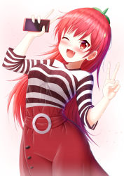 Rule 34 | 1girl, ;d, arm up, blush, breasts, cellphone, commentary, commission, copyright request, double v, english commentary, fang, gradient background, groin, hair between eyes, hair ornament, hand up, highres, holding, holding phone, leaning to the side, long hair, long sleeves, looking at viewer, medium breasts, one eye closed, open mouth, phone, pink background, prophosphere, red eyes, red hair, red skirt, shirt, skirt, smile, solo, striped clothes, striped shirt, v, very long hair, virtual youtuber, white background