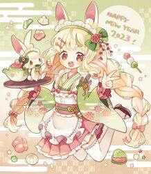 1girl 2023 animal animal_ears animalization apron armlet black_footwear blonde_hair bow breasts candy collar cowlick dango dango_hair_ornament dated dot_nose egasumi floral_print_kimono flower flower_knot food food-themed_hair_ornament frilled_apron frilled_hairband frills furisode_sleeves green_bow green_eyes green_hair green_hairband green_shirt hair_bow hair_flower hair_ornament hairband hairpin hands_up happy happy_new_year highres holding holding_tray jewelry jumping kanzashi kimono_collar knees_up konpeitou layered_sleeves light_blush lolita_fashion long_hair looking_at_viewer midair multicolored_clothes multicolored_hair multicolored_skirt new_year obidome okamori_kuo okobo open_mouth original person_and_animalization pink_eyes pink_flower pink_hair pink_sash pink_skirt pink_sleeves pink_trim pleated_skirt pleated_sleeves rabbit rabbit_ears rabbit_girl raised_eyebrows red_flower ribbon-trimmed_apron ribbon-trimmed_thighhighs ribbon_trim sakura_mochi sandals sanshoku_dango sash shirt sidelocks skirt small_breasts solo streaked_hair striped_collar swept_bangs teapot teeth thighhighs tray tsumami_kanzashi twintails two-tone_collar upper_teeth_only v vertical-striped_collar very_long_hair w wa_lolita wagashi white_apron white_collar white_hairband white_skirt white_thighhighs yellow_fur