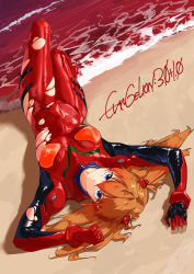 Rule 34 | 1girl, absurdres, beach, blue eyes, bodysuit, breasts, clothes writing, copyright name, covered navel, dutch angle, evangelion: 3.0+1.0 thrice upon a time, exia-eku1025, hair between eyes, hair down, highres, interface headset, long hair, looking at viewer, lying, medium breasts, multicolored bodysuit, multicolored clothes, neon genesis evangelion, ocean, on back, on ground, orange bodysuit, orange hair, pilot suit, plugsuit, rebuild of evangelion, red bodysuit, sand, skin tight, skindentation, solo, souryuu asuka langley, torn bodysuit, torn clothes, two side up, water, wide hips