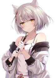 Rule 34 | 1girl, absurdres, animal ears, breasts, camisole, cat ears, chest jewel, grey hair, highres, hosh, jacket, looking at viewer, mio (xenoblade), short hair, simple background, skirt, small breasts, smile, solo, tank top, white camisole, white jacket, white skirt, white tank top, xenoblade chronicles (series), xenoblade chronicles 3, yellow eyes