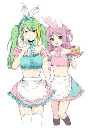 Rule 34 | 2girls, alina gray, alternate costume, alternate hairstyle, animal ears, apron, bow, boyano, breasts, cake, cake slice, closed mouth, collaboration, crop top, fake animal ears, finger to mouth, food, frills, green eyes, green hair, hair between eyes, highres, holding, holding hands, holding plate, kojima terashi, long hair, magia record: mahou shoujo madoka magica gaiden, mahou shoujo madoka magica, midriff, misono karin, multicolored hair, multiple girls, navel, pink bow, pink hair, plate, rabbit ears, sidelocks, simple background, skirt, sleeve cuffs, small breasts, smile, streaked hair, thighhighs, tongue, tongue out, twintails, waist apron, white thighhighs