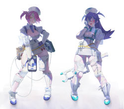 Rule 34 | 2girls, arm behind back, bandage over one eye, bandaged leg, bandages, blood, blue hair, breasts, cleavage, closed mouth, eyepatch, gloves, glowing, glowing eyes, hacksaw, hand on own hip, hat, highres, holding, large breasts, long hair, looking at viewer, multiple girls, nurse, nurse cap, open mouth, original, pink eyes, ponytail, pouch, purple hair, saw, scissors, see-through, short hair, side ponytail, simple background, skindentation, small breasts, smile, soha (littlesummerpe), standing, vial, white background, white footwear, white gloves, yellow eyes, zipper, zipper pull tab